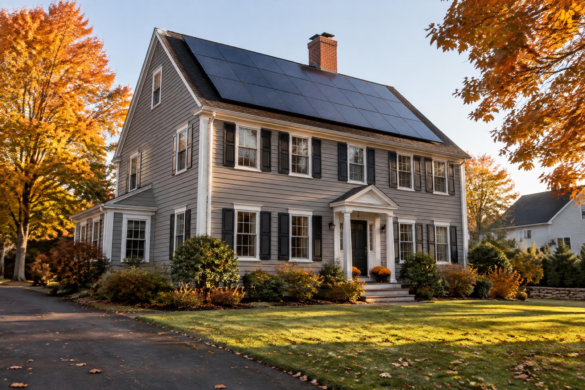New England colonial home with roof-mounted solar panels on an autumn afternoon