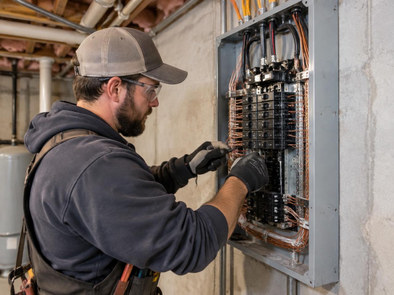 Electrician wiring a new residential breaker panel in a basement
