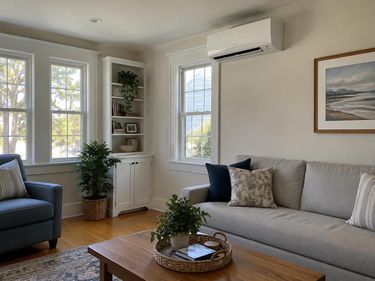Wall-mounted ductless mini-split head in the living room of a tidy New England home
