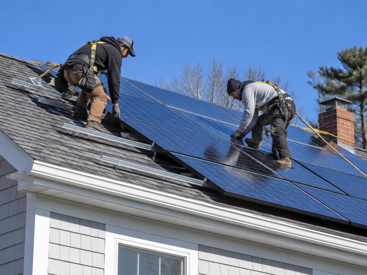 Two installers fastening solar panels to the shingled roof of a New England home